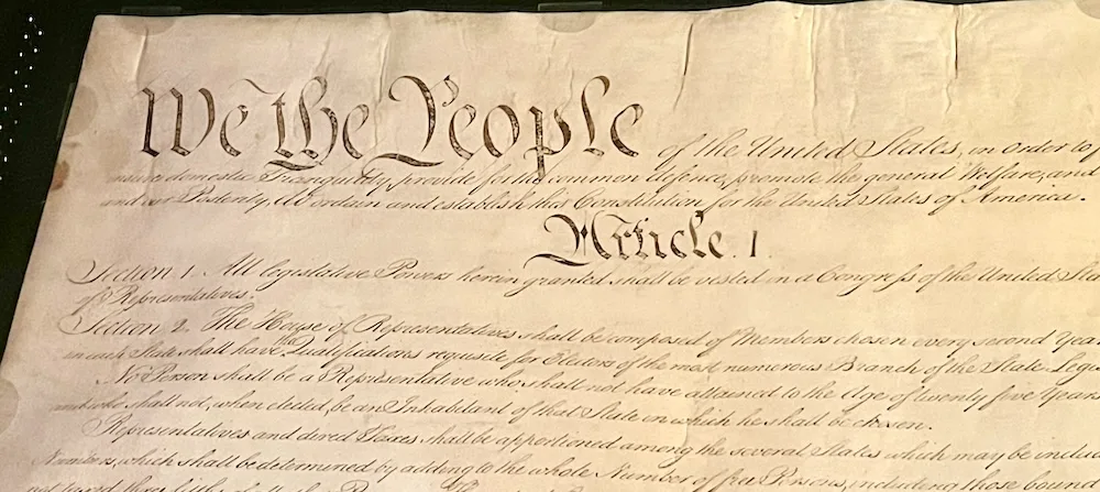 the first paragraphs of the constitution with we the people" in large script on its original parchment