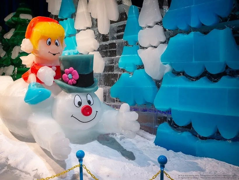 Frosty the snowman and friends are full-color ice sculptures at gaylord resorts at cristmas time.