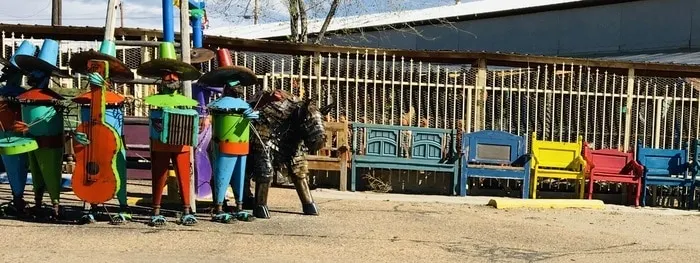 Mariachis made out of metal are some of santa fe's colorful street art.