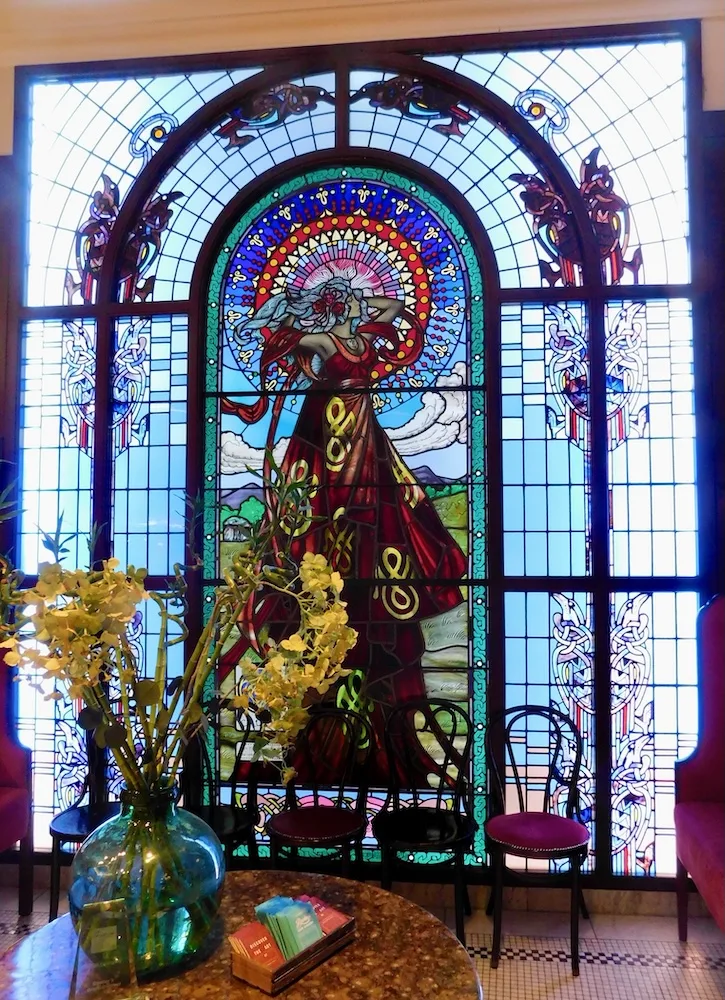 This interior stained glass window is the most elaborate beaux-arts detail at bewley's grafton street café.