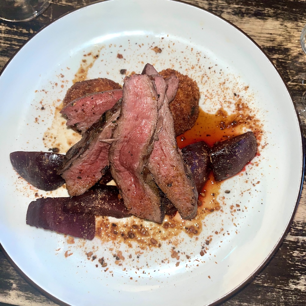 Saddle of venison at the winding stair is rare, tender and served with beets an croquets.