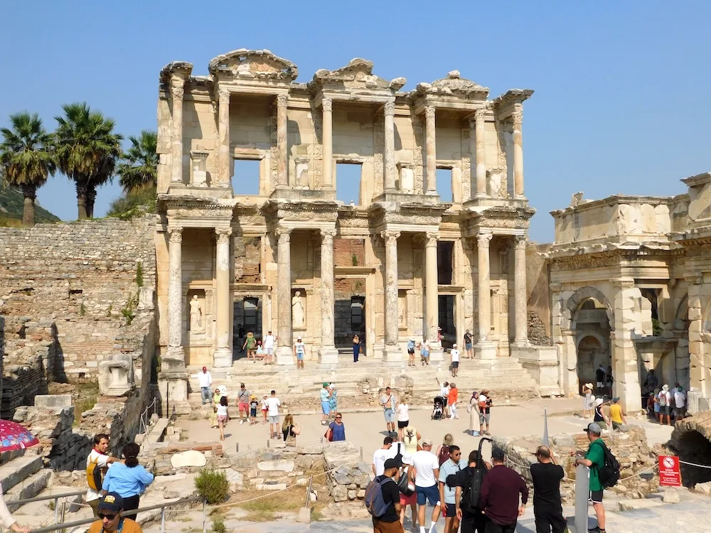 the ruins of the library of celsus, one of the largest in antiquity, is one of the main attractions in ephesus.