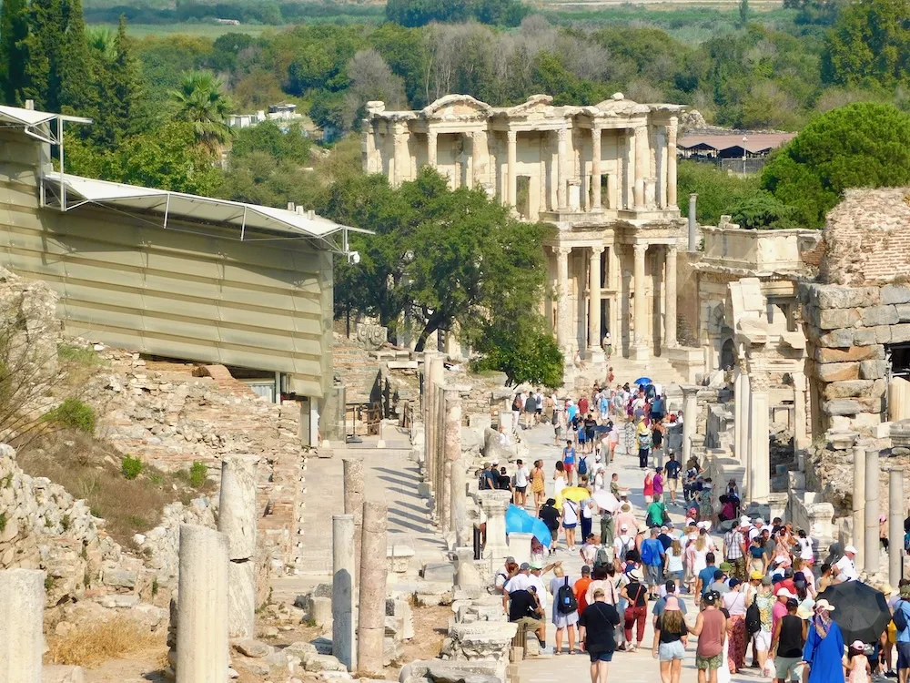 the ruins at ephesus include streets, columns and former shops and homes.