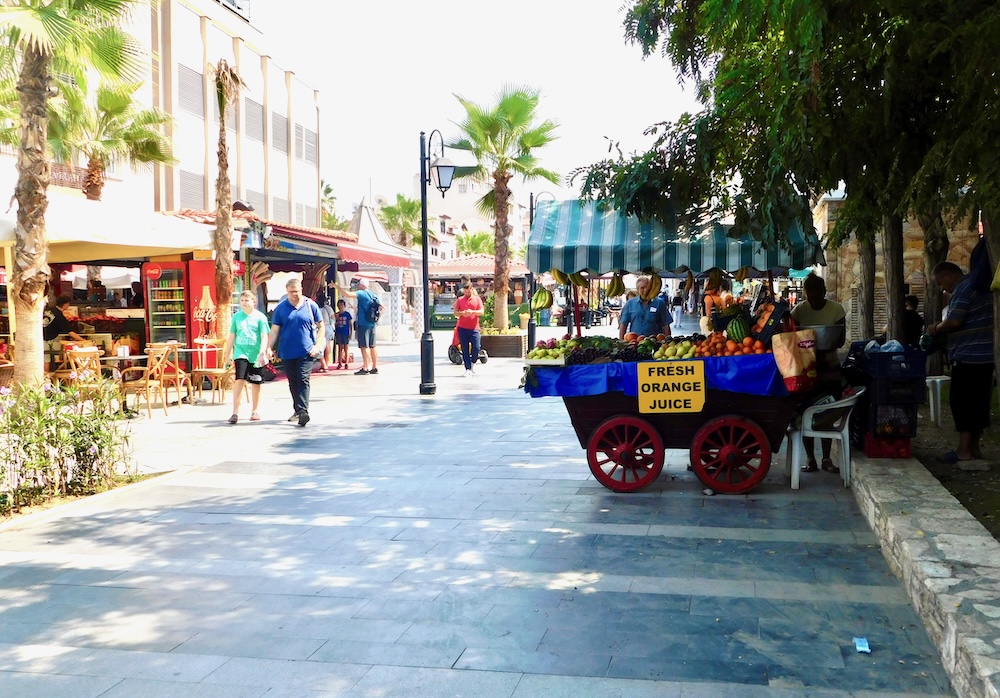 this wide pedestrian plaza with its fruit carts and stalls is the entry way to kusadasi's old town bazaar.