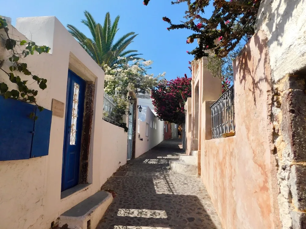 the rare quiet side street in oia, santorini, greece with flowering bushes and trees
