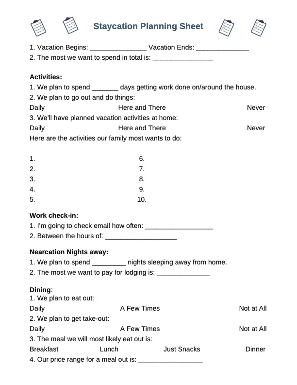 Staycation planning sheet