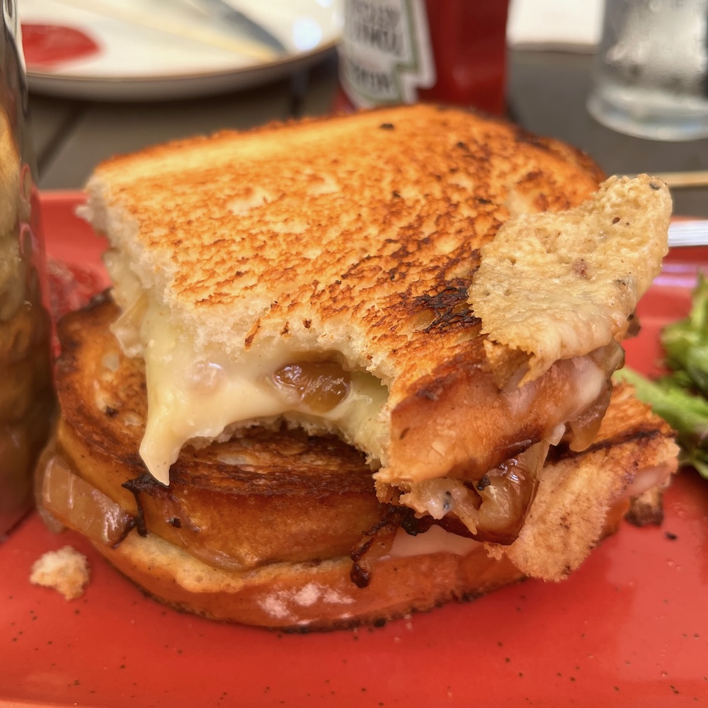 the gooey french onion grilled cheese at druthers brewing co. 