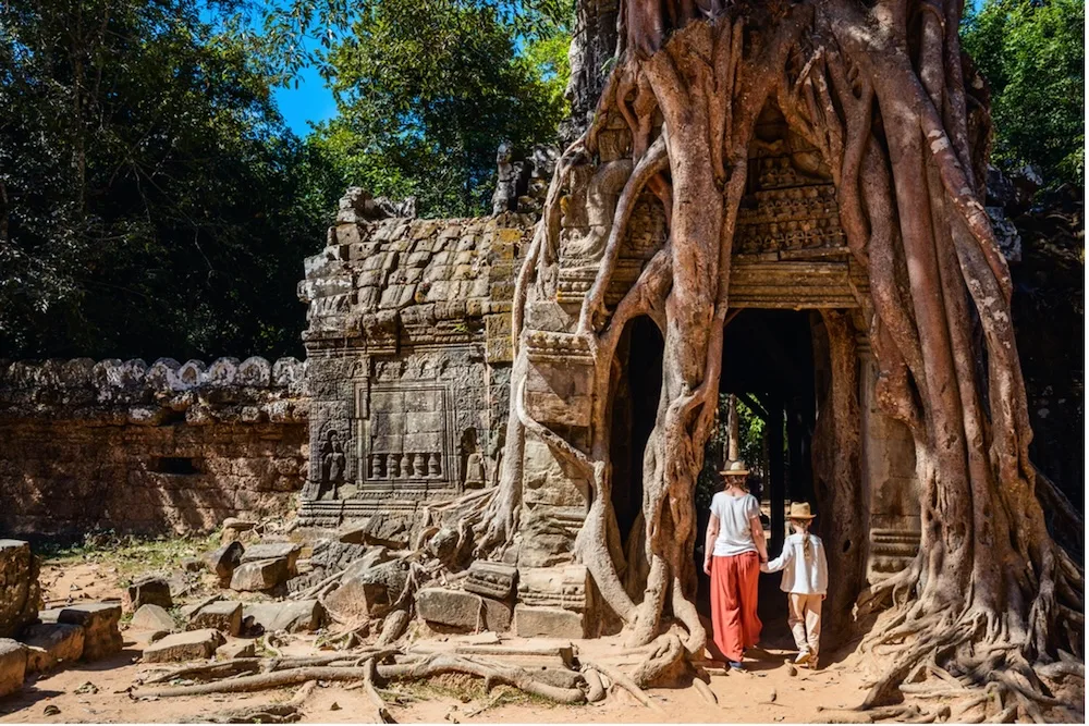 The buddhist ruins around siem reap are overgrown with trees and kids love get off their bikes to explore them.